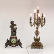 LATE 19TH CENTURY FRENCH CANDELABRUM LAMP AND A MANTEL CLOCK (2).