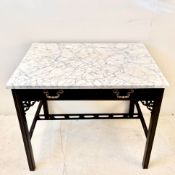 CHINESE CHIPPENDALE REVIVAL MAHOGANY WRITING TABLE WITH WHITE MARBLE TOP.