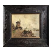 19TH CENTURY DUTCH SCHOOL. FIGURES WITH BOAT AND WINDMILLS.