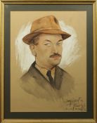 20th CENTURY FRENCH SCHOOL PASTEL STUDY PORTRAIT OF A GENTLEMAN IN A HAT.