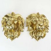 ROARING LION HEAD WALL RELIEF PLAQUES, A PAIR.