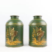 PAIR OF CHINOISERIE STYLE PAINTED TOLE TEA CANISTERS.