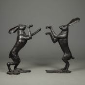 CONTEMPORARY SCHOOL SCULPTURAL BOXING HARES, 2 DIFFERING.