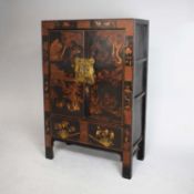 CHINESE MARRIAGE CABINET IN BLACK AND RED LACQUER.