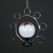 1970s ITALIAN CHROME SATURN PENDANT LIGHT WITH MAZZEGA MURANO GLASS SHADE.
