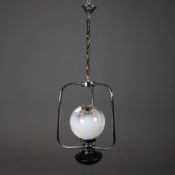 1970s ITALIAN SPACE AGE CHROME PENDANT LIGHT WITH MAZZEGA MURANO GLOBE SHADE.