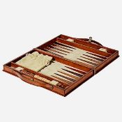 TRAVELLING BACKGAMMON SET IN TAN LEATHER CASE