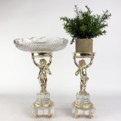 PUTTI FORM SILVER PLATED AND CUT GLASS TAZZA AND CANDLE HOLDER (2).