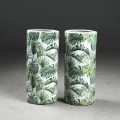 TROPICAL FOLIATE PRINT STICK STANDS, A PAIR.