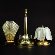 SET OF THREE MID CENTURY CONTINENTAL GLASS AND GILT METAL TABLE LAMPS