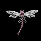A TOURMALINE, RUBY AND DIAMOND DRAGONFLY BROOCH.
