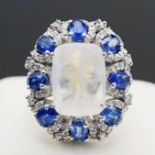 A MOONSTONE, KYANITES AND DIAMOND SET DRESS RING.