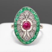 A PLATINUM ART DECO STYLE RUBY, DIAMOND AND EMERALD RING.