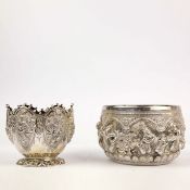 A BURMESE WHITE METAL BOWL AND A SWEET MEAT BOWL.