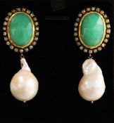 A PAIR OF PEARL, CHRYSOPRASE AND DIAMOND DROP EARRINGS.