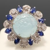 AN AQUAMARINE, KYANITE AND DIAMOND DRESS RING.