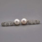 A PAIR OF 18CT WHITE GOLD PEARL AND DIAMOND EARRINGS.