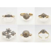 A COLLECTION OF SIX ASSORTED 9CT GOLD DIAMOND CLUSTER RINGS