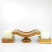 DAVID LINLEY EARLY COLLECTION WALNUT FRUIT BOWL AND MATCHING CANDLESTICKS. (3)