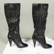 PRADA BLACK RUCHED LEATHER HIGH HEEL KNEE HIGH BOOTS - UK 7