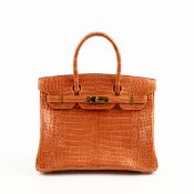 HERMES ORANGE FEU SHINY CROCODILE LEATHER BIRKIN 30 BAG