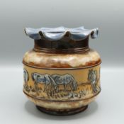 A DOULTON LAMBETH STONEWARE VASE DECORATED BY HANNAH BARLOW.