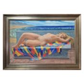 FRANCES STAINTON (BRITISH 1935-2025). YOUNG WOMAN LAYING UPON A DAIS BY THE SEA.