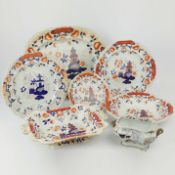 A QUANTITY OF MAINLY REAL STONE CHINA 19TH CENTURY IMARI PATTERNED DINNERWARE. (QTY).