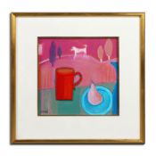 GLORIA XIMENES (BRITISH 20TH C.). RED CUP AND PEAR.