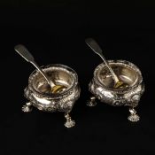 A PAIR OF GEORGE II SILVER SALT CELLARS.