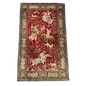 PURE SILK PERSIAN HUNTING DESIGN QUM RUG.