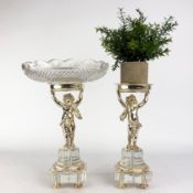 PUTTI FORM SILVER PLATED AND CUT GLASS TAZZA AND CANDLE HOLDER (2).