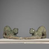 A PAIR OF MIRRORED MOSAIC CROUCHING PANTHERS (2).