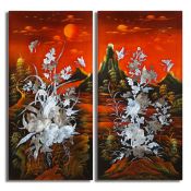 TWO JAPANESE LACQUERED WALL PANELS WITH MOTHER OF PEARL INLAY.