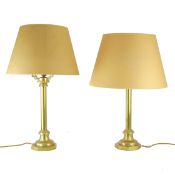 TABLE LAMPS, A PAIR, BRASS COLUMNS.