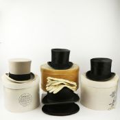 CHRISTYS' LONDON FUR FELT TOP HAT, TWO OTHERS, TWO BOWLER HATS AND TWO PAIRS OF GLOVES.