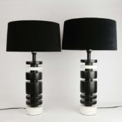 ROBERT LANGFORD TABLE LAMPS, A PAIR, BLACK DISCS WITH WHITE MARBLE.