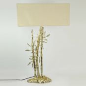 GILT METAL FAUX BAMBOO TABLE LAMP WITH LINEN SHADE.