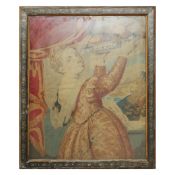 19TH CENTURY EMBROIDERED PORTRAIT. LADY WITH A BASKET OF FRUIT.