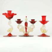 MURANO GLASS CANDLESTICKS, THREE.