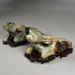 JADE WATER BUFFALO CARVINGS, A PAIR.