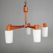 1960s DANISH TEAK AND GLASS FIVE ARM CHANDELIER.