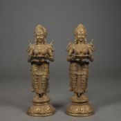 APSARA DEVI OIL LAMPS, A PAIR.