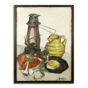 JULIETTE ANTOLIN CASANOVA ( FRANCE 1938-). LAMP YELLOW JUG GARLIC AND EGG.