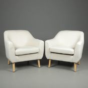DUNELM ARMCHAIRS IN NEUTRAL LINEN UPHOLSTERY, A PAIR.