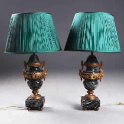 LOUIS XVI STYLE VERT DE MER MARBLE TABLE LAMPS, A PAIR.