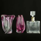 TWO VAL SAINT LAMBERT HAND BLOWN VASES AND A DECANTER.