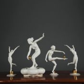 ART DECO LORENZ HUTSCHENREUTHER FIGURES THREE AND A MATCHING BOWL. (4).