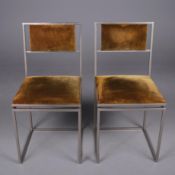 PAIR OF FRENCH 1970s POLISHED STEEL AND VELVET DINING CHAIRS.