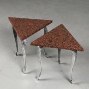 PAIR OF 1950s SIDE TABLES WITH TRIANGUALR RED GRANITE TOPS.